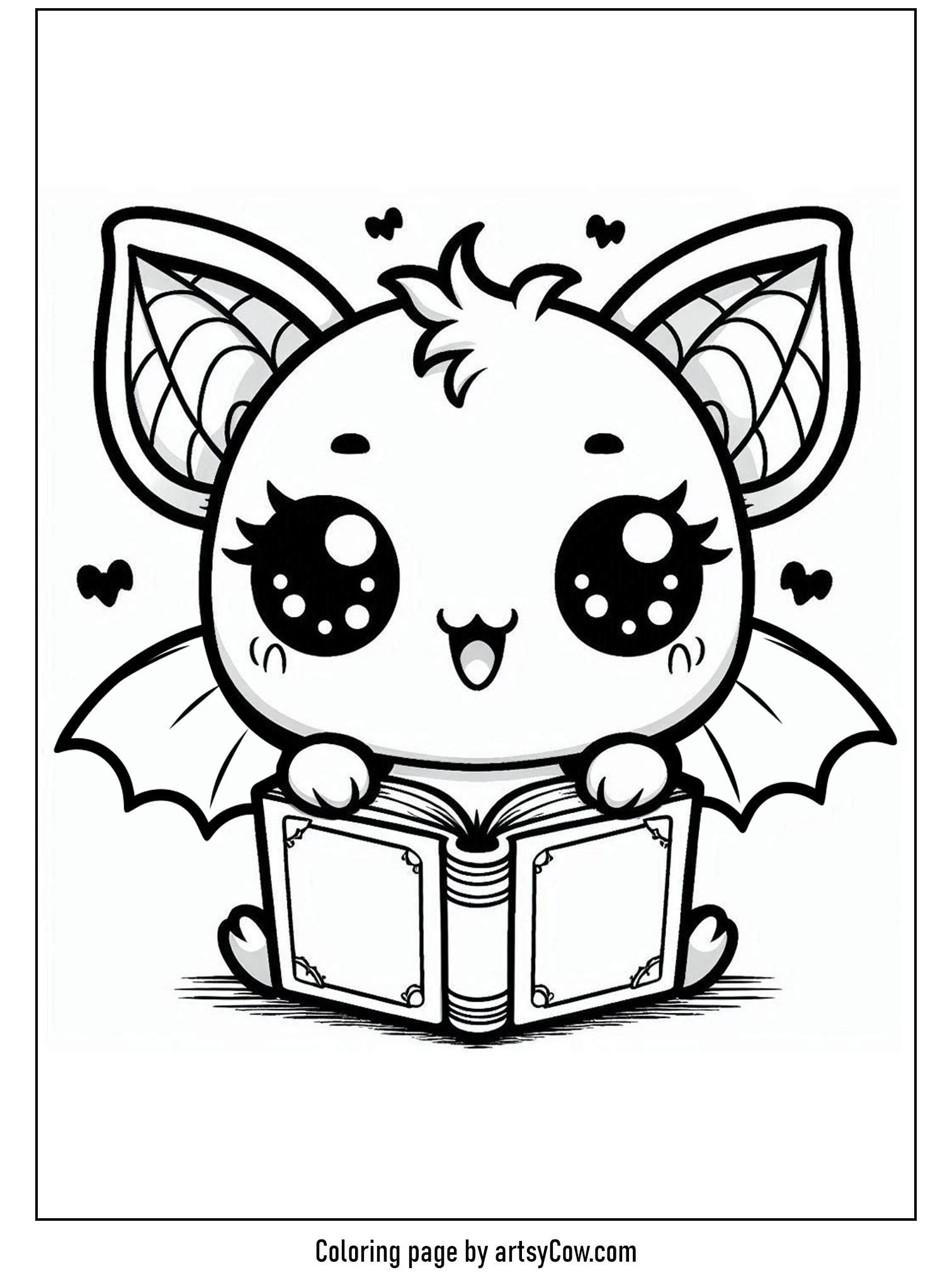 Halloween coloring pages with bats feature a cute bat reading a book, surrounded by little hearts and mini bats.